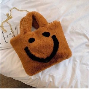 Smiley Face Faux Fur Tote Bag Brown with Detachable Good Chain